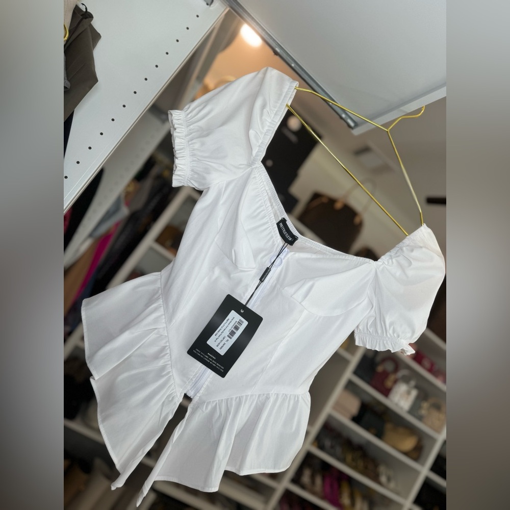 Pretty Little Thing White Woven Frill Hem Zip Front Top